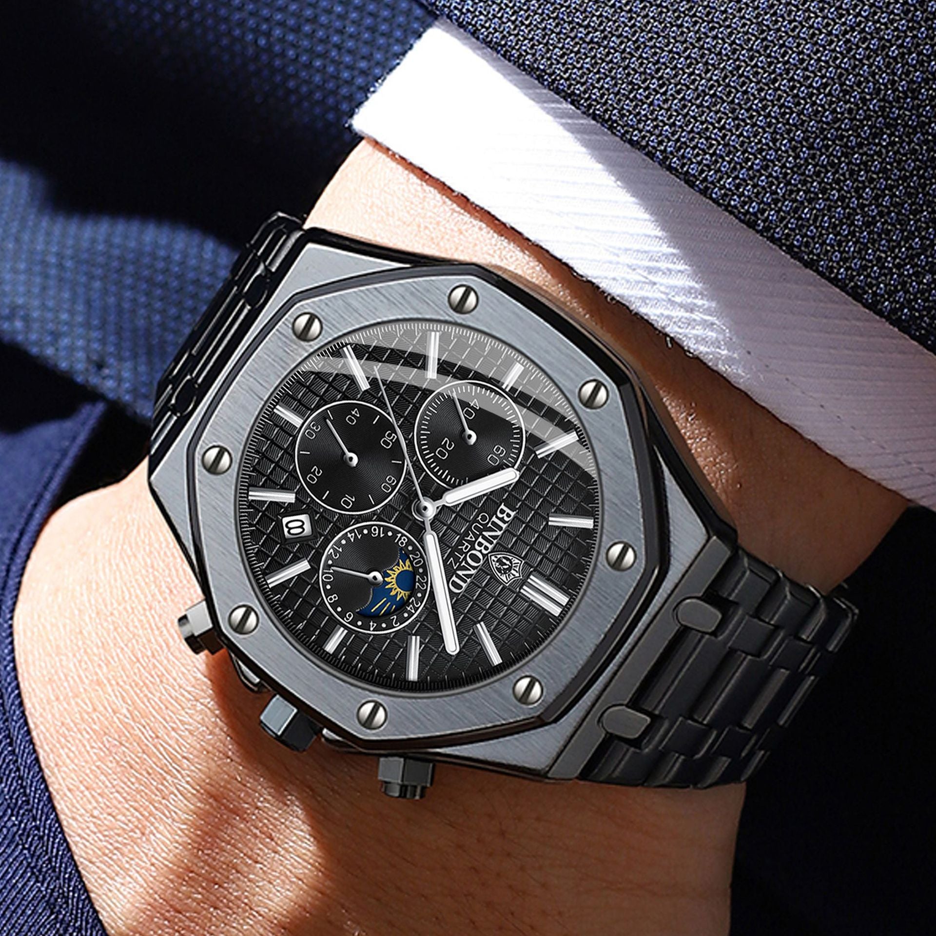 Three-Dial, Six-Hand Multifunction Moon Phase Men's Steel-Strap Watch