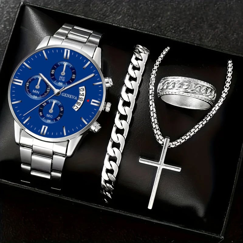 Luxury Men's Watch Gift Set with Glass Case and Quartz Movement