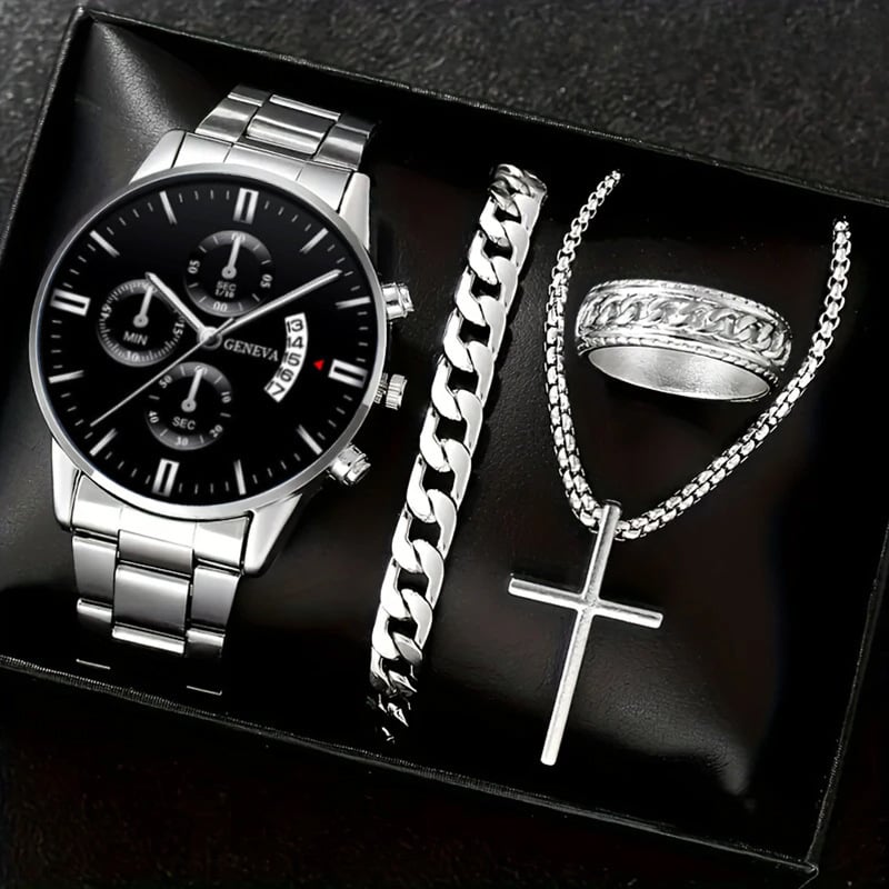 Luxury Men's Watch Gift Set with Glass Case and Quartz Movement