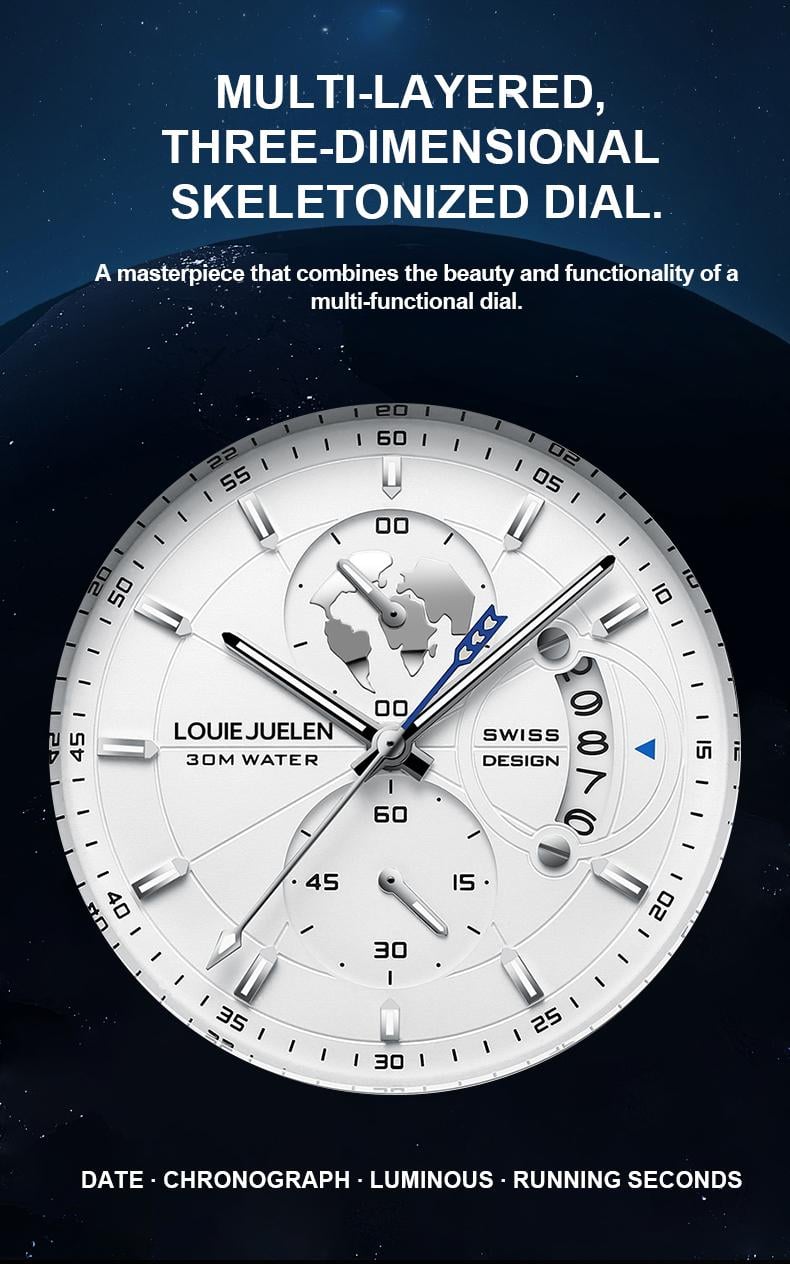 Elegant men's watch with globe design, 30m water resistant and luminous dial