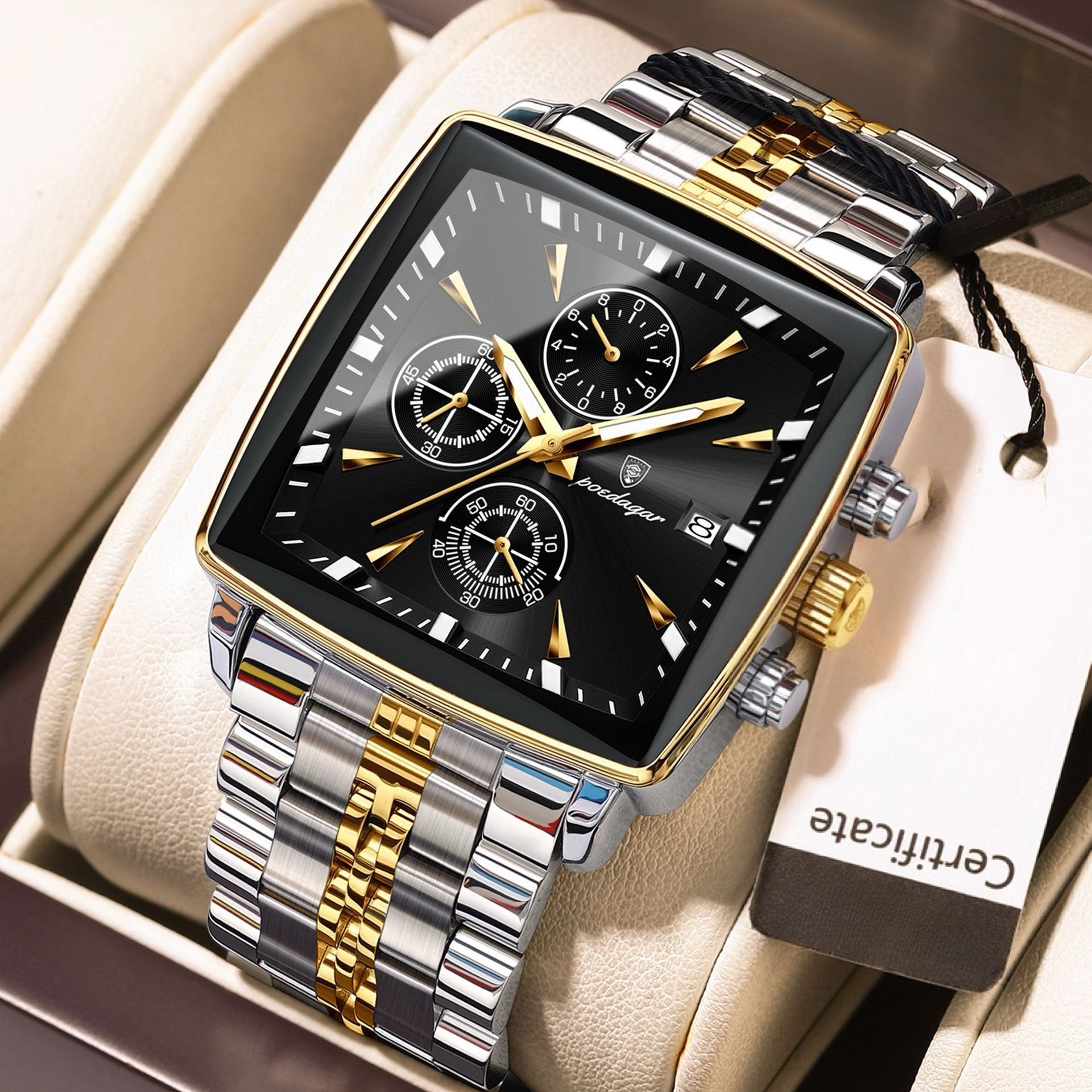 Men's Multifunctional Square Business Steel Band Quartz Watch