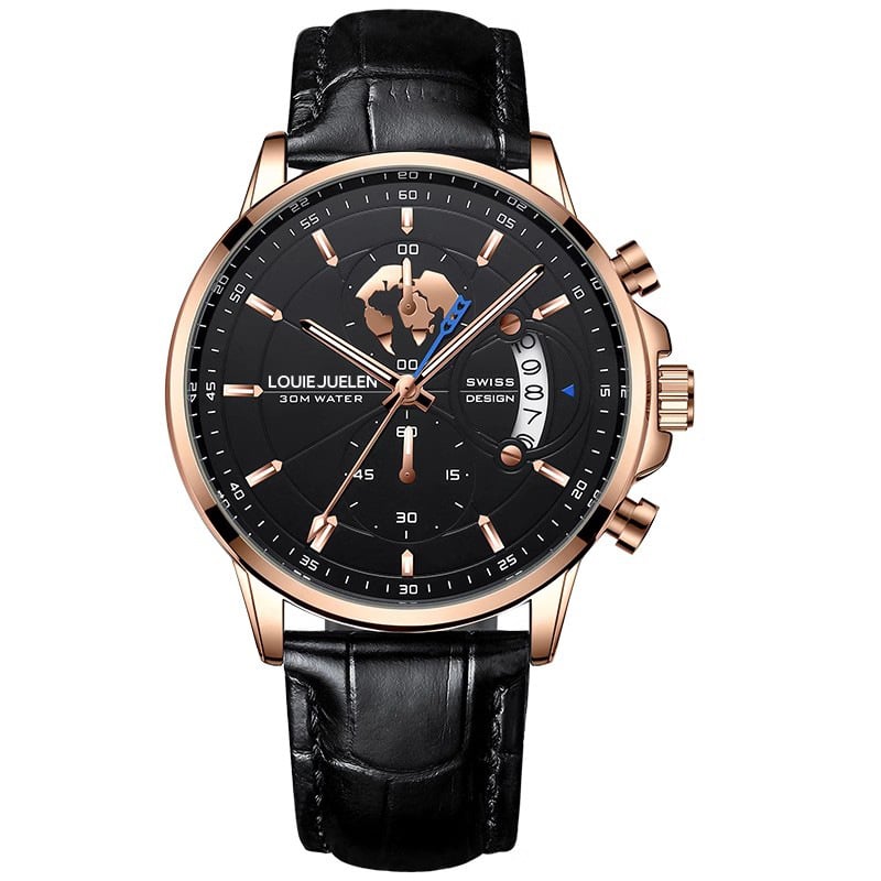 Elegant men's watch with globe design, 30m water resistant and luminous dial