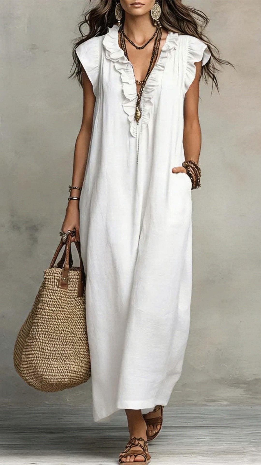 🌸 THE BOHO WANDERER MAXI: V‐NECK, RUFFLE HEM, SLEEVELESS – YOUR NEW HOLIDAY ESSENTIAL 🌸