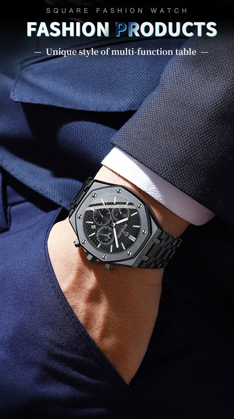 Three-Dial, Six-Hand Multifunction Moon Phase Men's Steel-Strap Watch