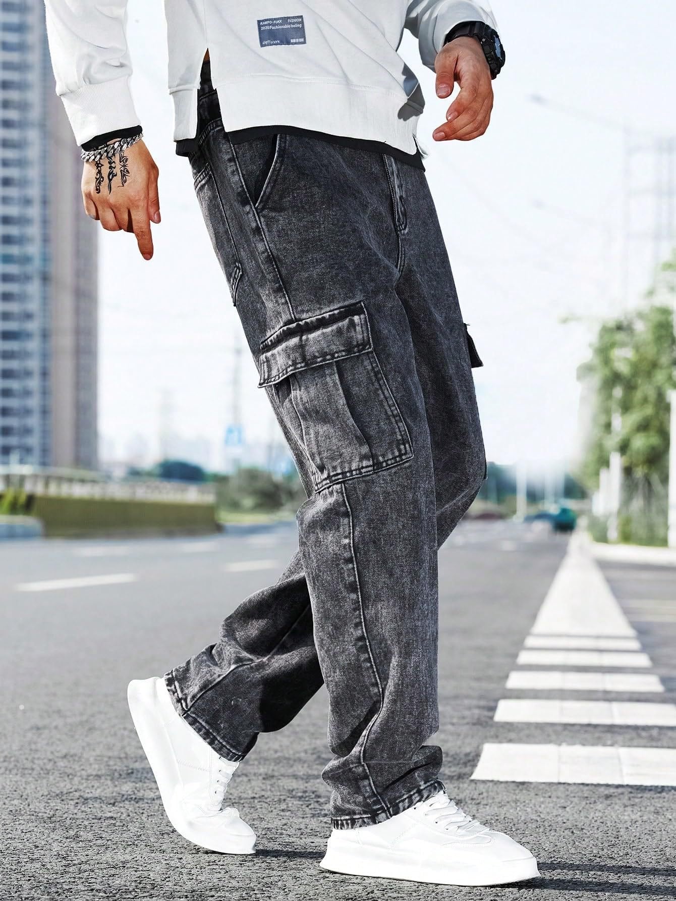 Men's Loose Fit Cargo Jeans - Baggy Multi-Pocket Casual Denim Pants - Trendy Streetwear Hip Hop Style Trousers