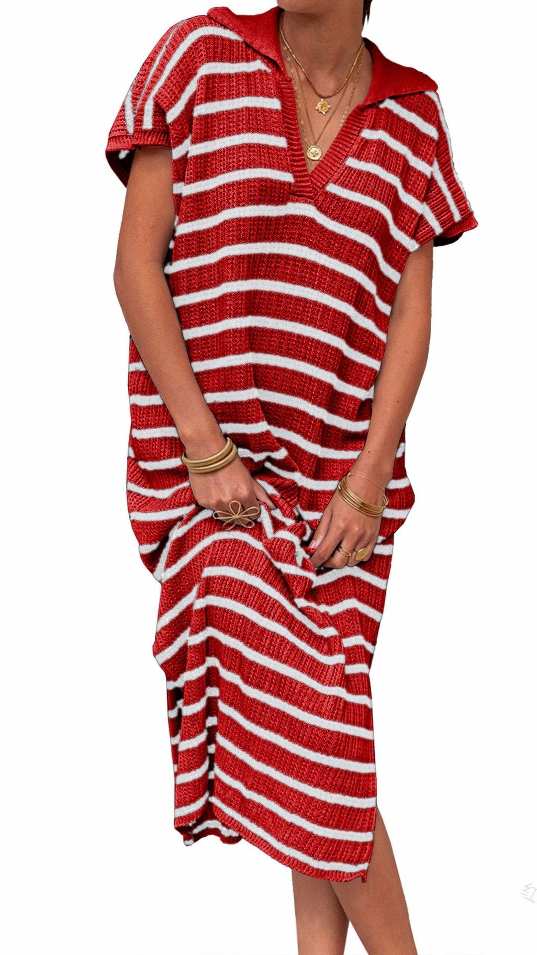 🌊 THE STRIPED KNIT COLLAR MAXI: SHORT SLEEVES, V-NECK, SIDE SLITS — EFFORTLESS SUMMER STYLE 🌊