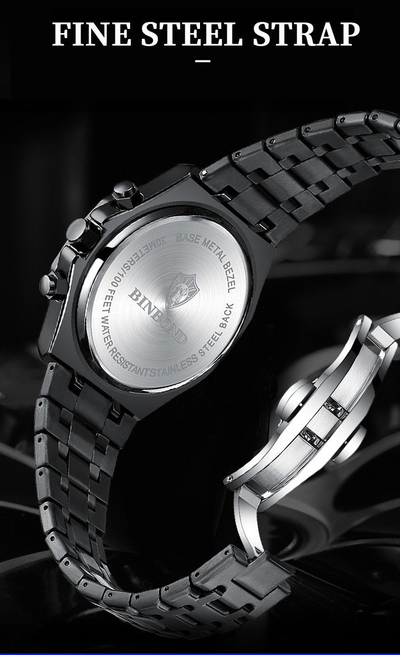 Three-Dial, Six-Hand Multifunction Moon Phase Men's Steel-Strap Watch