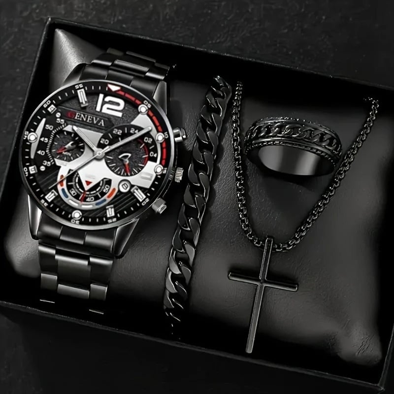 Luxury Men's Watch Gift Set with Glass Case and Quartz Movement