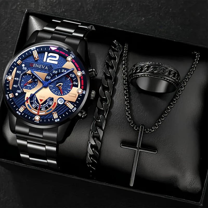 Luxury Men's Watch Gift Set with Glass Case and Quartz Movement