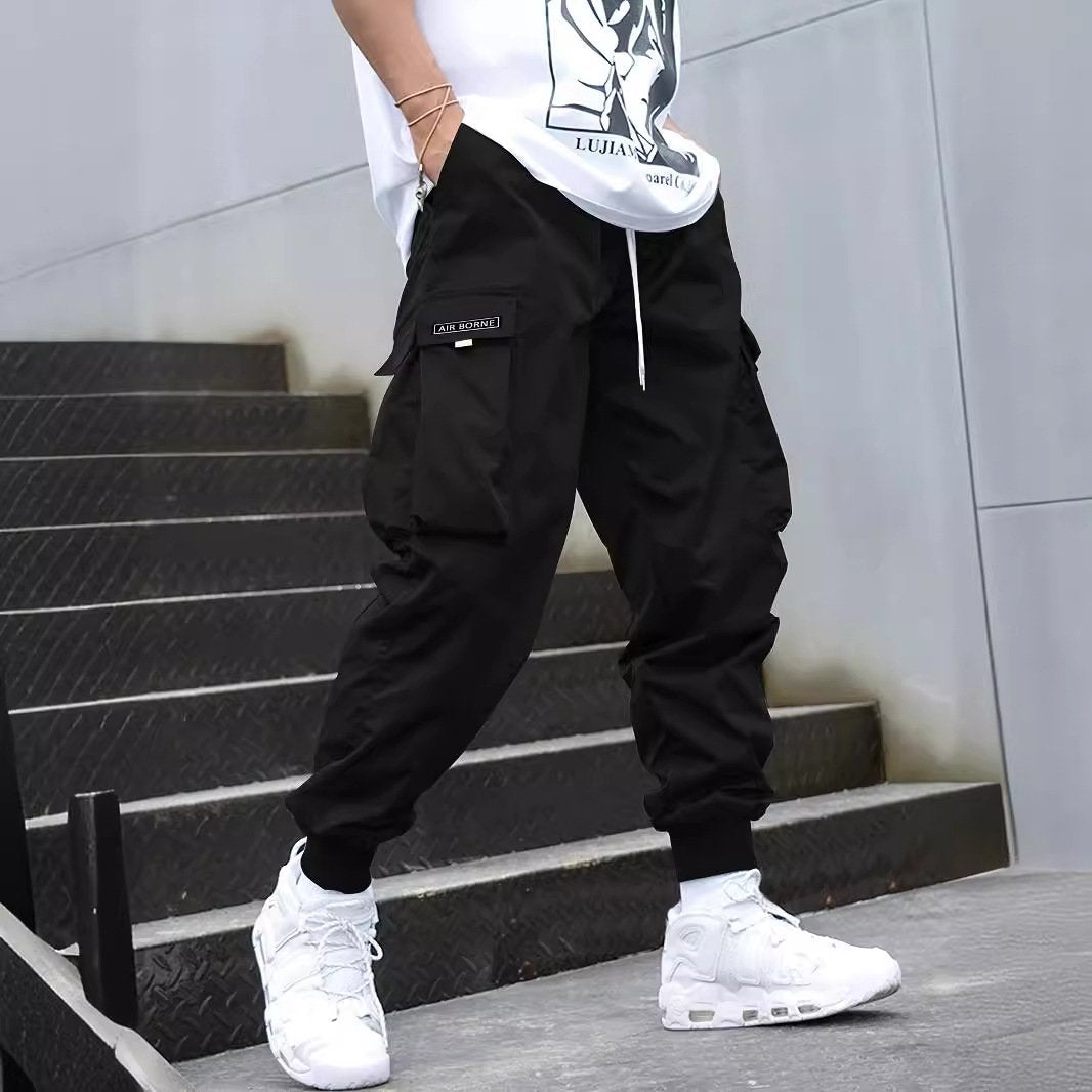 Men's Letter Patch Cargo Pants - Loose Fit Drawstring Elastic Waist Trousers with Slant Pockets, Summer Casual Streetwear