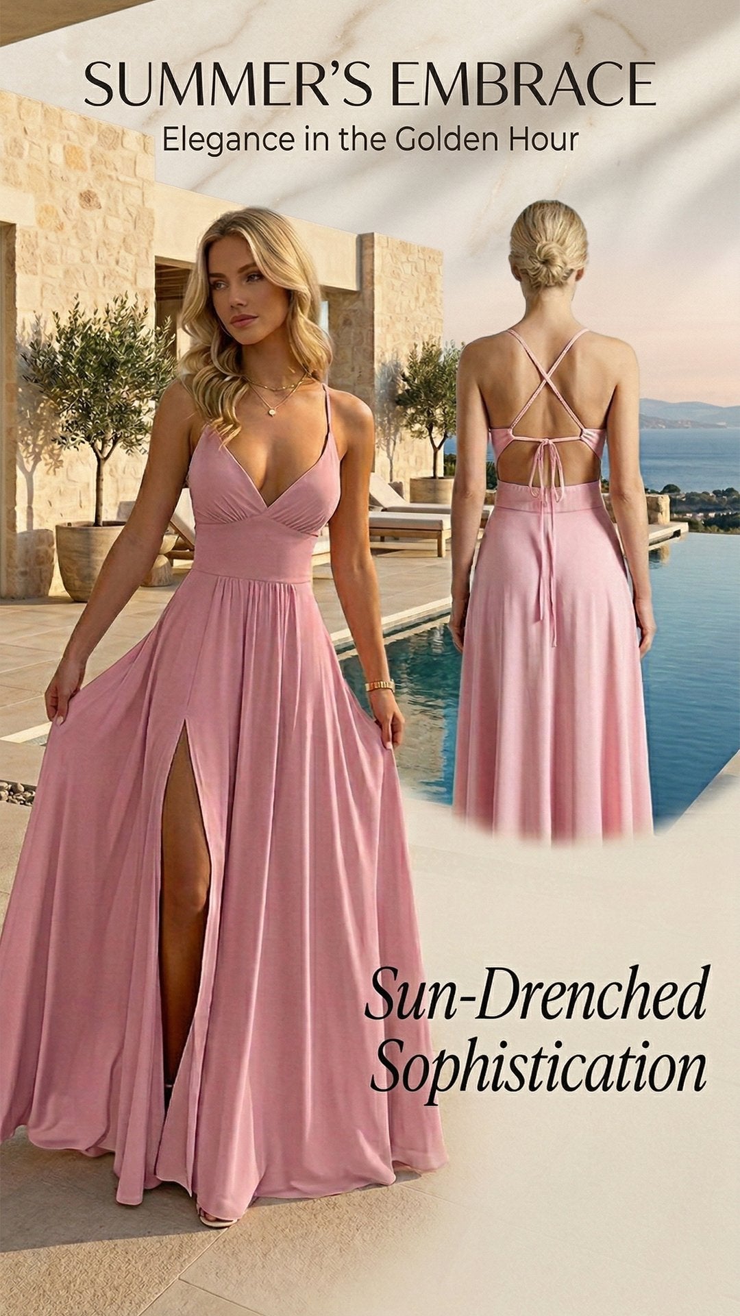 🌸 THE CROSS-BACK SLIP DRESS: DEEP V FRONT, OPEN BACK, SIDE SLIT — YOUR NEW SIGNATURE SILHOUETTE 🌸