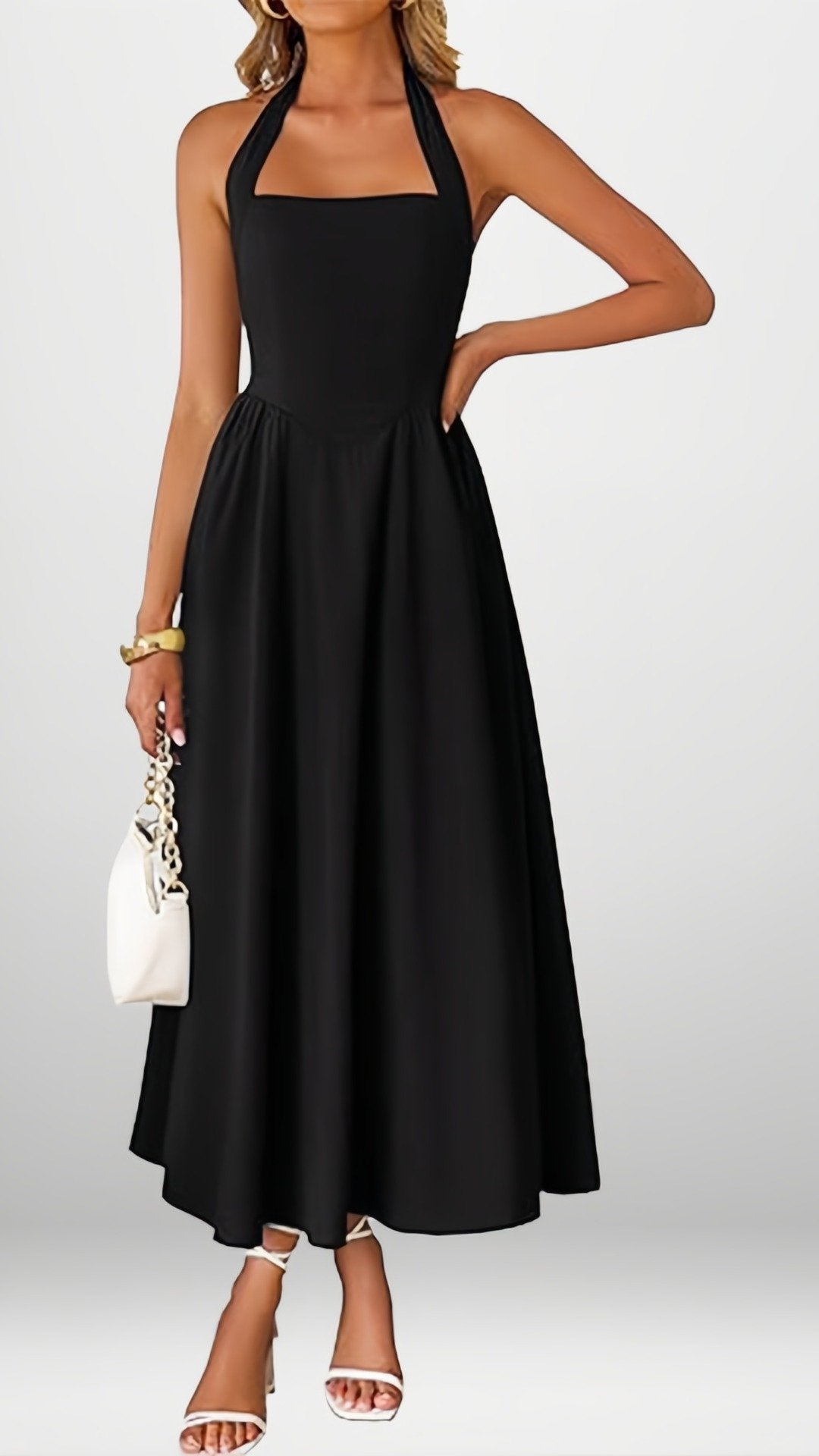 🖤 THE HALTER SHIFT MIDI: SQUARE NECK, BACK SHIRRING, FLOWY SKIRT — YOUR NEW EFFORTLESS ELEGANCE 🖤