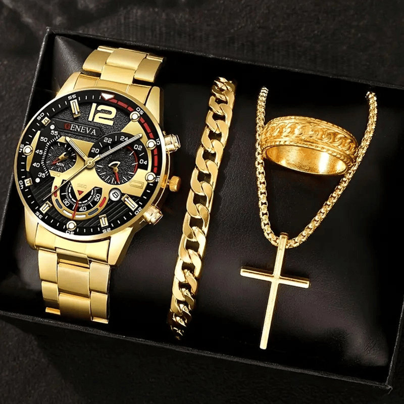 Luxury Men's Watch Gift Set with Glass Case and Quartz Movement