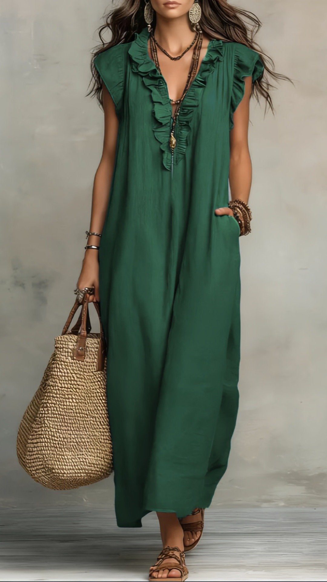 🌸 THE BOHO WANDERER MAXI: V‐NECK, RUFFLE HEM, SLEEVELESS – YOUR NEW HOLIDAY ESSENTIAL 🌸