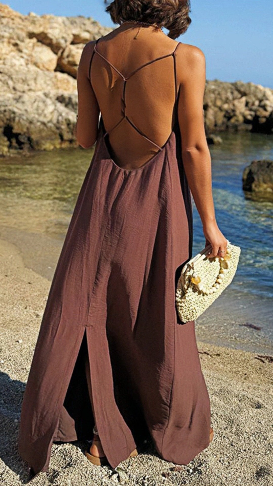 🤍 THE BARE BACK SLIP: V-NECK, CRISSCROSS TIES, REAR SPLIT — YOUR MOST EFFORTLESS HOLIDAY DRESS 🤍
