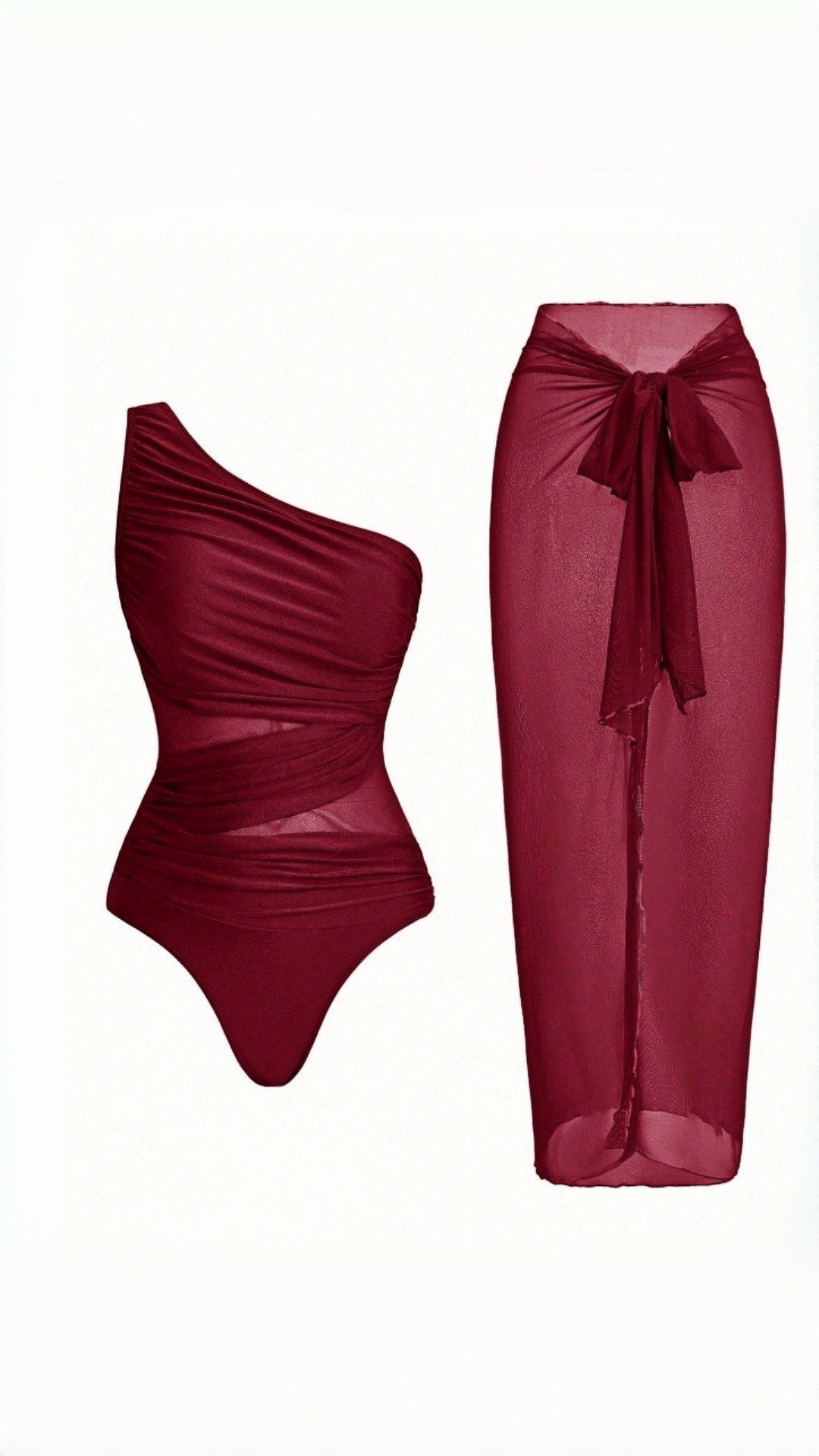 🔥 THE CUTOUT & SARONG SET: ONE-SHOULDER SWIMSUIT + SHEER MESH SKIRT — YOUR MOST DRAMATIC BEACH ENTRANCE 🔥
