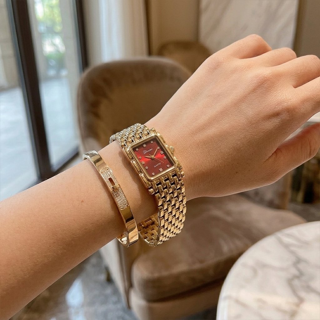 Vintage-style rectangular chain-strap women's watch