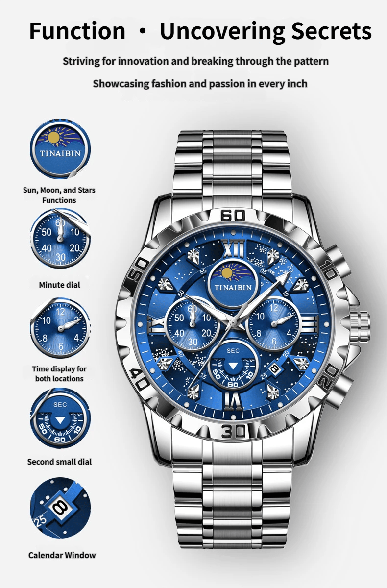 Luxury diamond-encrusted men's mechanical watch with Swiss-made movement, dual calendar, luminous and waterproof.