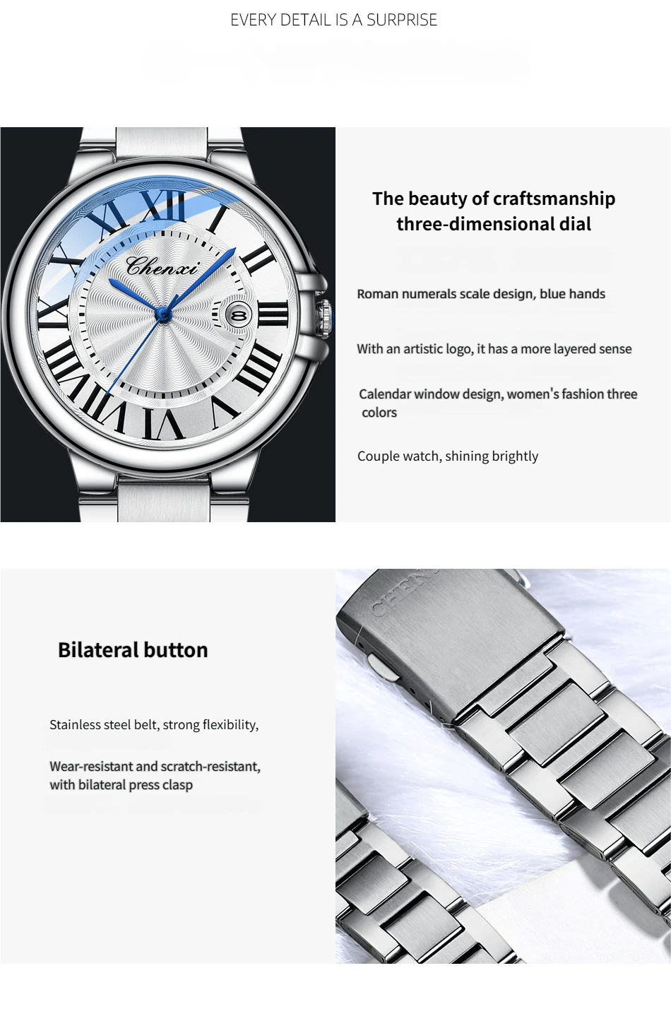 Calendar Blue-Handed Steel Bracelet Watch Water-Resistant Timepiece