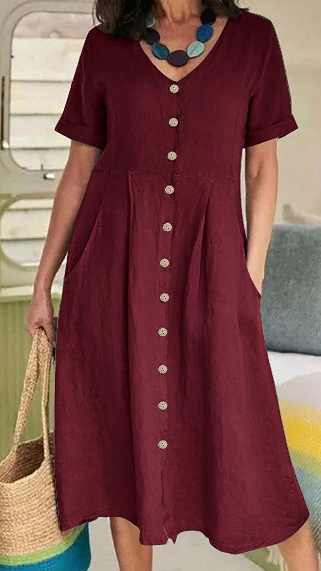 🌿 THE LINEN BUTTON MIDI: V-NECK, POCKETS, RELAXED FIT— NOW IN PLUS SIZE S-5XL! ✨