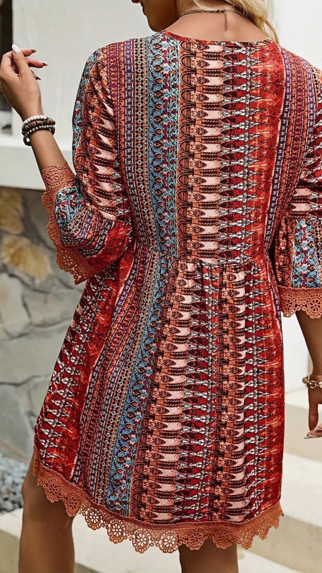 🌸 THE BOHEMIAN LACE TRIM DRESS: V‐NECK, LONG SLEEVES, ALL‐OVER PRINT — YOUR YEAR‐ROUND ESCAPE PIECE 🌸
