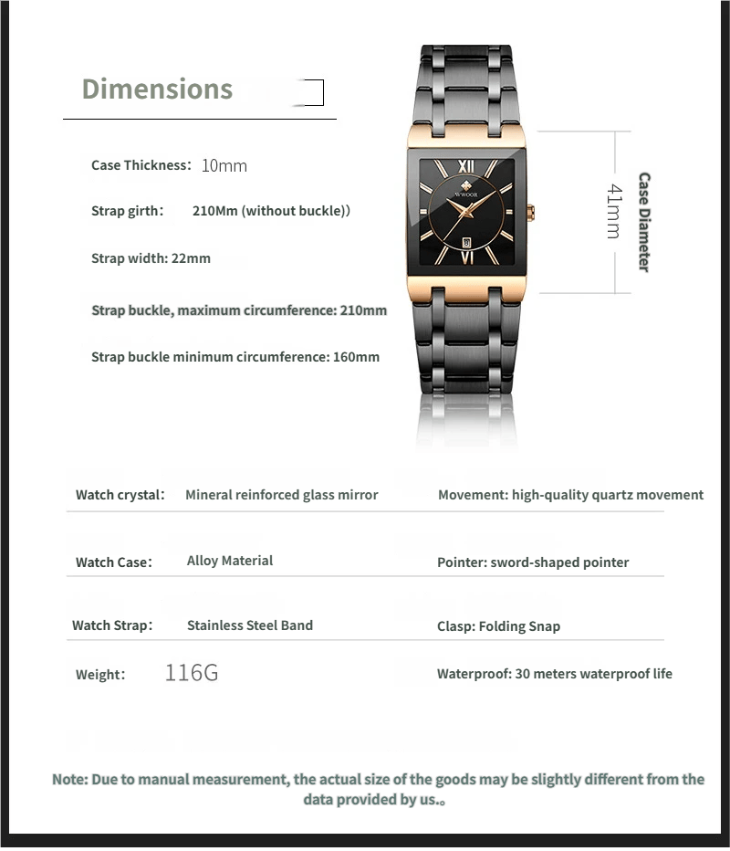 Square Men's Steel-Band Quartz Watch Water-Resistant Timepiece