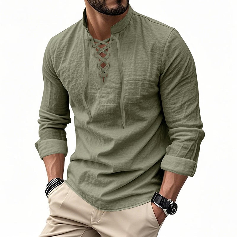 Men's Casual Drawstring Linen Shirt - Lightweight Breathable Long-Sleeve Design for Daily Wear & Vacation