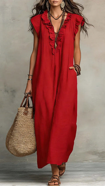 🌸 THE BOHO WANDERER MAXI: V‐NECK, RUFFLE HEM, SLEEVELESS – YOUR NEW HOLIDAY ESSENTIAL 🌸