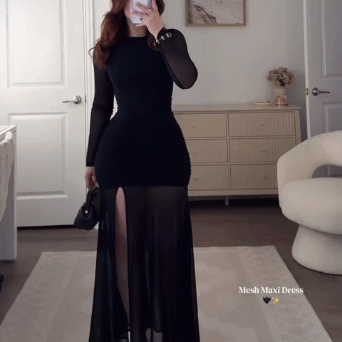 🌙 THE MESH SIREN DRESS: LONG SLEEVES, RUCHED BODYCON, HIGH SLIT — YOUR MOST CAPTIVATING EVENING ENTRANCE 🌙