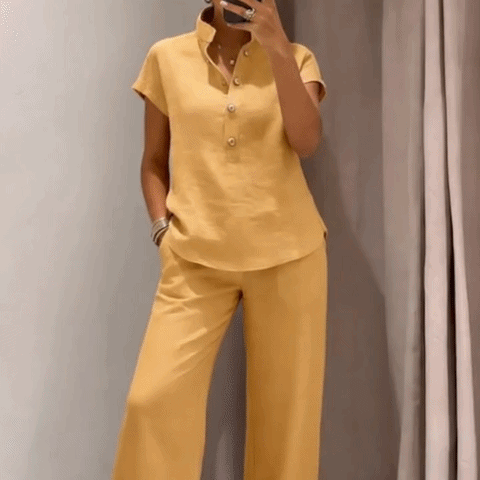 🌿 THE BUTTONED SET: HIGH-WAIST TROUSERS + SHORT SLEEVE TOP — YOUR EFFORTLESS HOLIDAY WARDROBE 🌿