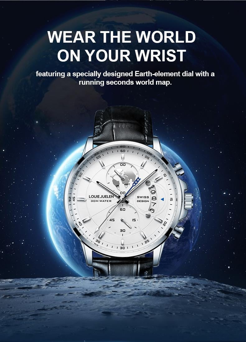 Elegant men's watch with globe design, 30m water resistant and luminous dial