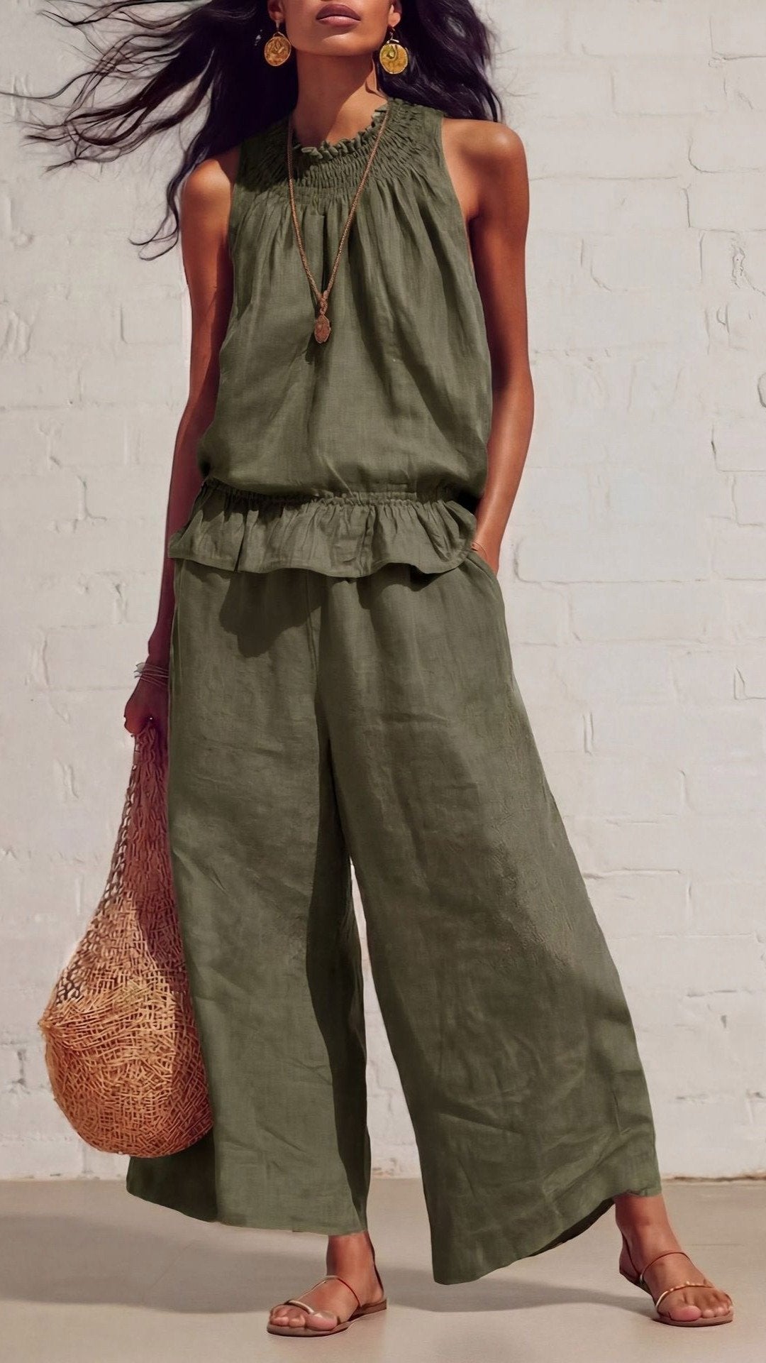 🌾 THE COTTON LINEN BOHO DUO: RUFFLED TOP + WIDE LEG PANTS — YOUR MOST COMFORTABLE SUMMER SET 🌾