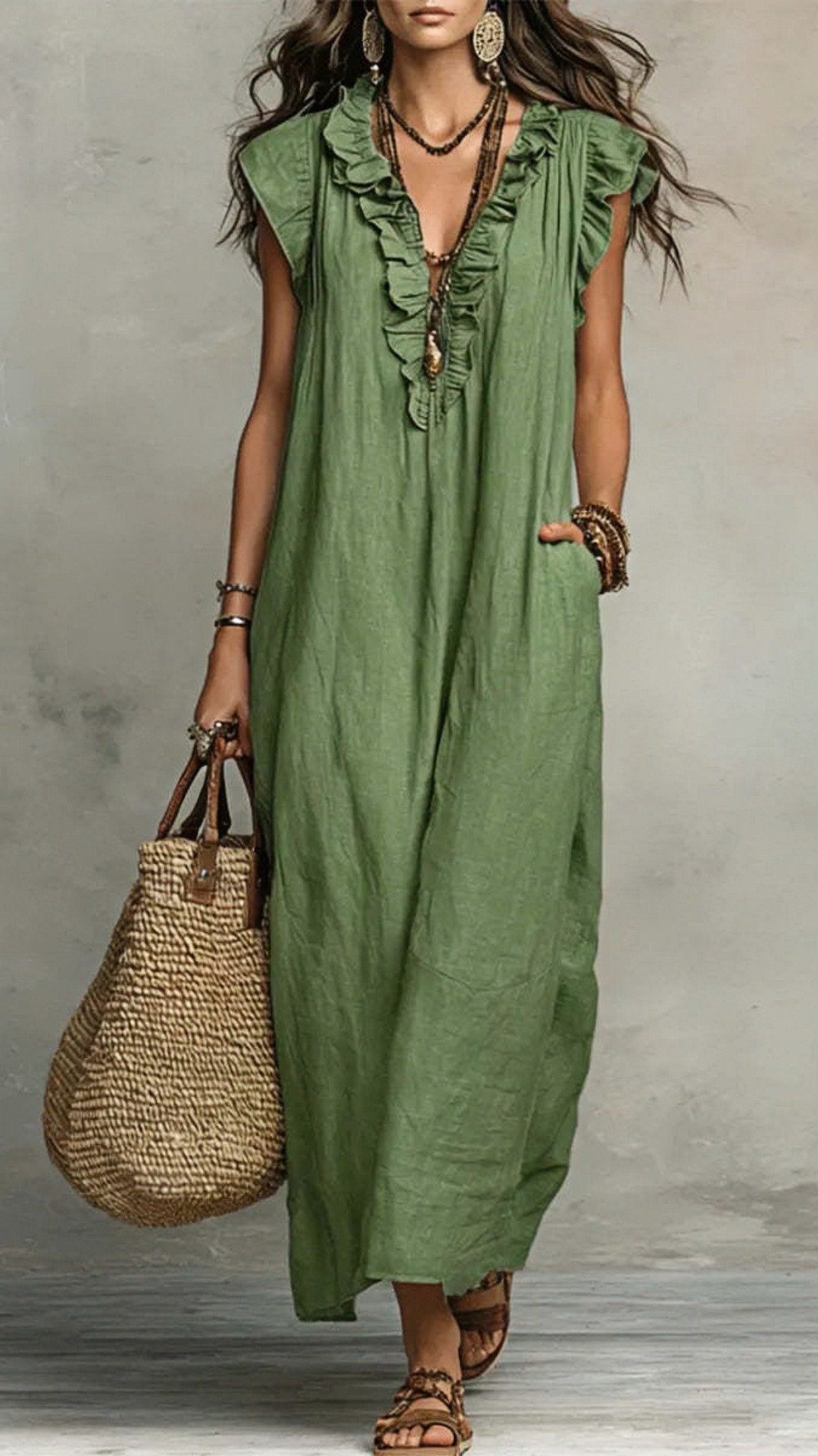 🌸 THE BOHO WANDERER MAXI: V‐NECK, RUFFLE HEM, SLEEVELESS – YOUR NEW HOLIDAY ESSENTIAL 🌸
