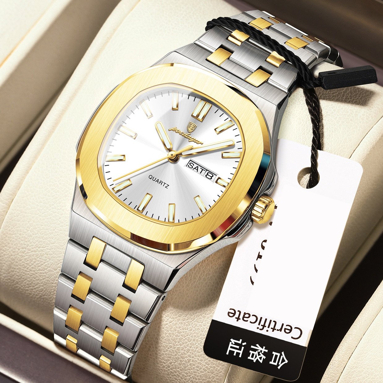 Square Quartz Watch with Water Resistance and Luminous Feature