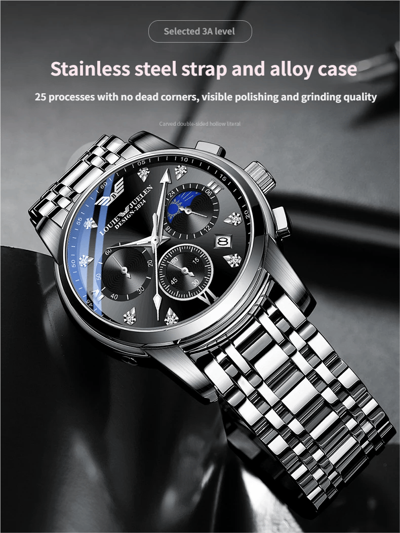 Men's luminous quartz watch with calendar, day, date, and moon phase display.