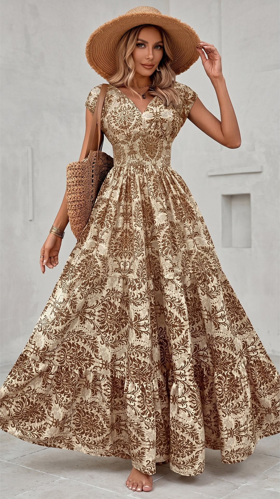 🌸 THE BOHEMIAN BLOOM MAXI: V-NECK, SHIRRED WAIST, ALL-OVER PRINT — YOUR SUMMER HOLIDAY DREAM DRESS 🌸