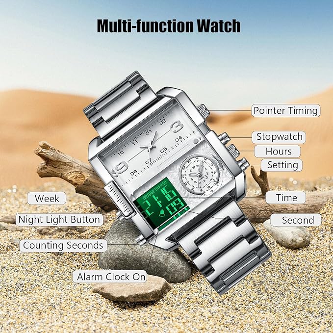 Men's Square Large-Dial Triple-Hand Quartz Watch