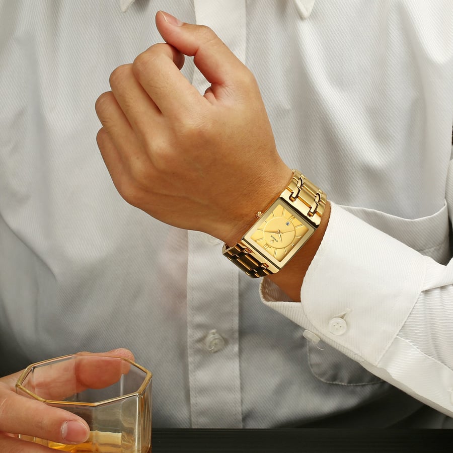Square Men's Steel-Band Quartz Watch Water-Resistant Timepiece