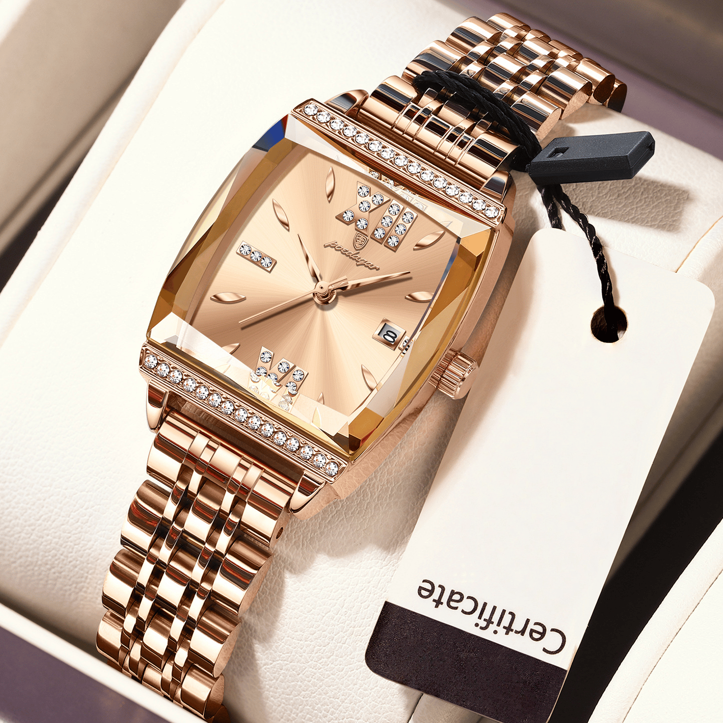 Diamond-set square ladies' water-resistant watch