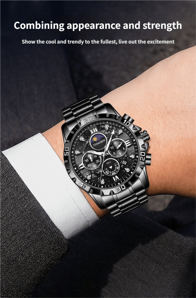 Luxury diamond-encrusted men's mechanical watch with Swiss-made movement, dual calendar, luminous and waterproof.