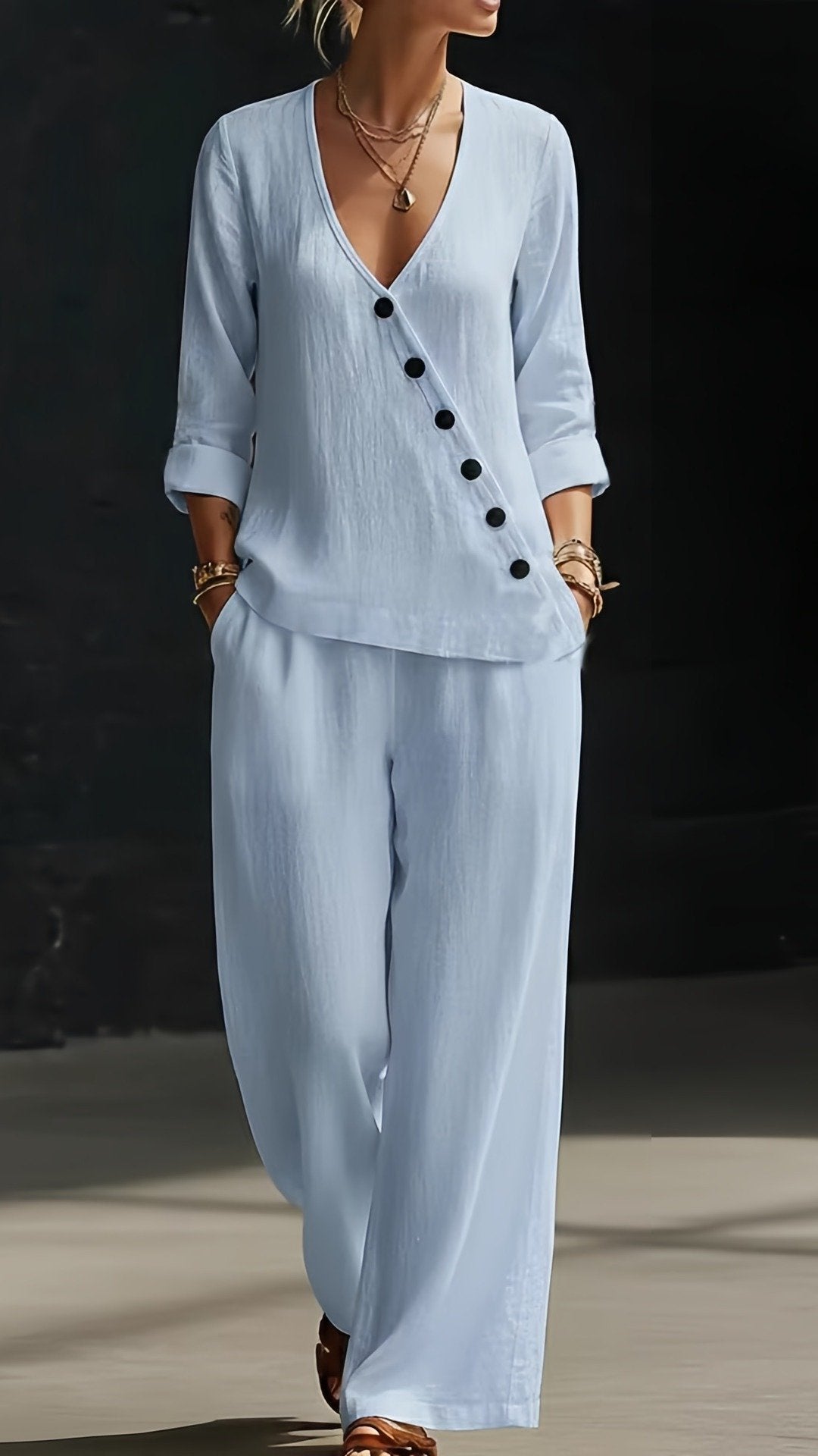 🌿 THE RELAXED LINEN SET: DEEP V TOP + WIDE LEG TROUSERS — YOUR NEW UNIFORM FOR EFFORTLESS DAYS 🌿