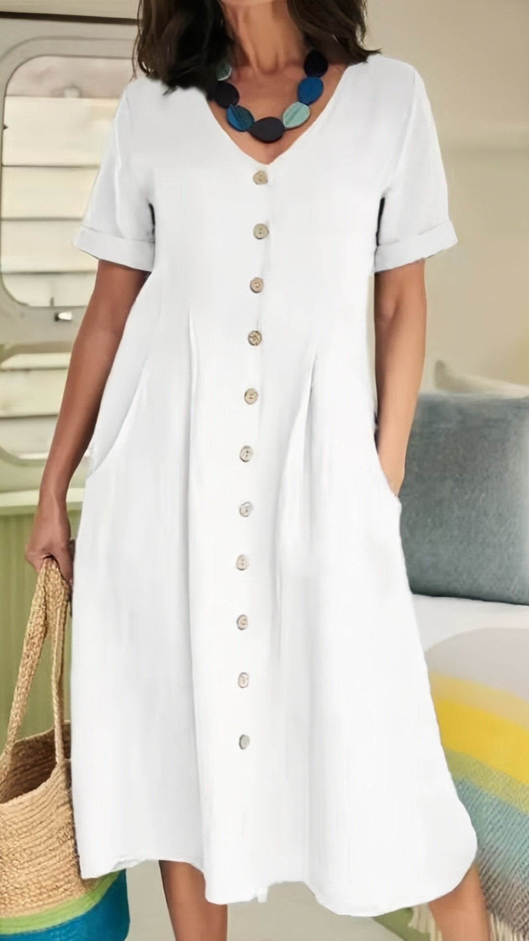 🌿 THE LINEN BUTTON MIDI: V-NECK, POCKETS, RELAXED FIT— NOW IN PLUS SIZE S-5XL! ✨