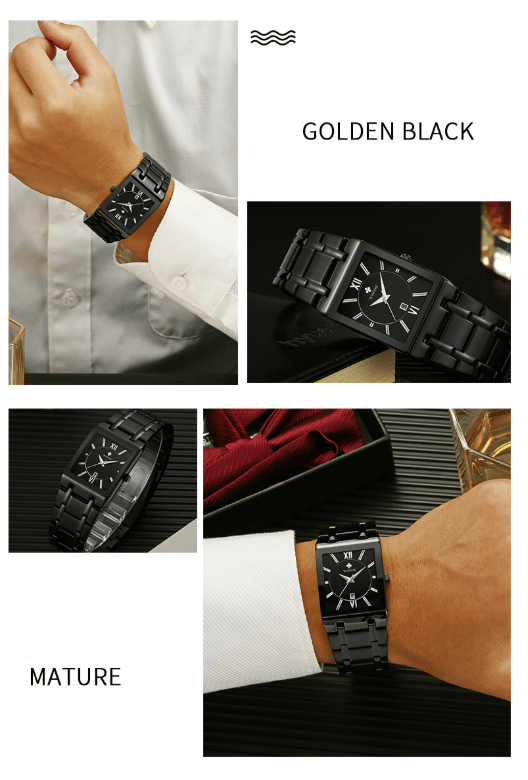 Square Men's Steel-Band Quartz Watch Water-Resistant Timepiece