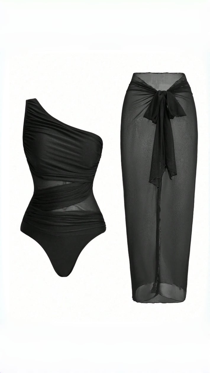 🔥 THE CUTOUT & SARONG SET: ONE-SHOULDER SWIMSUIT + SHEER MESH SKIRT — YOUR MOST DRAMATIC BEACH ENTRANCE 🔥