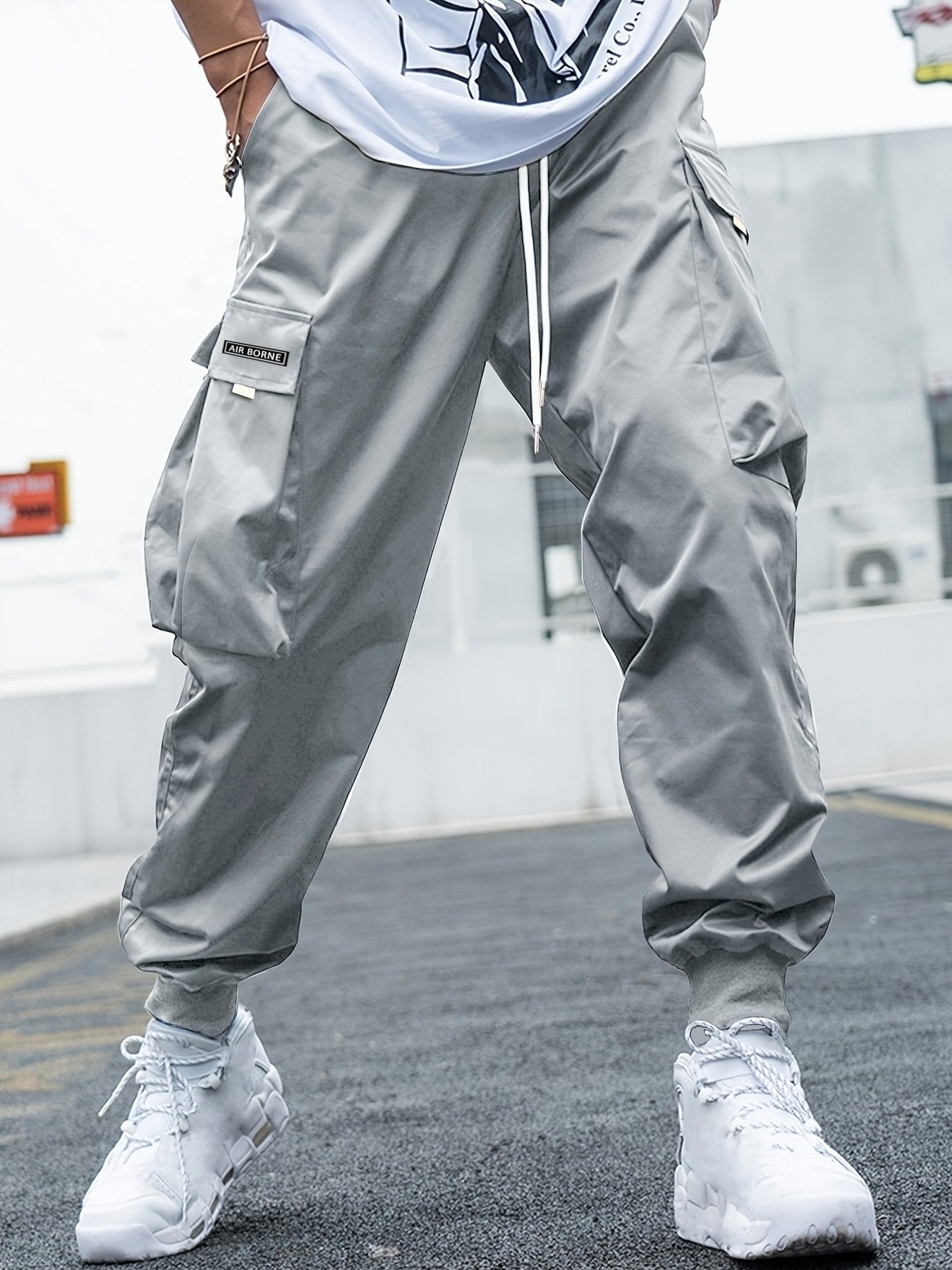 Men's Letter Patch Cargo Pants - Loose Fit Drawstring Elastic Waist Trousers with Slant Pockets, Summer Casual Streetwear