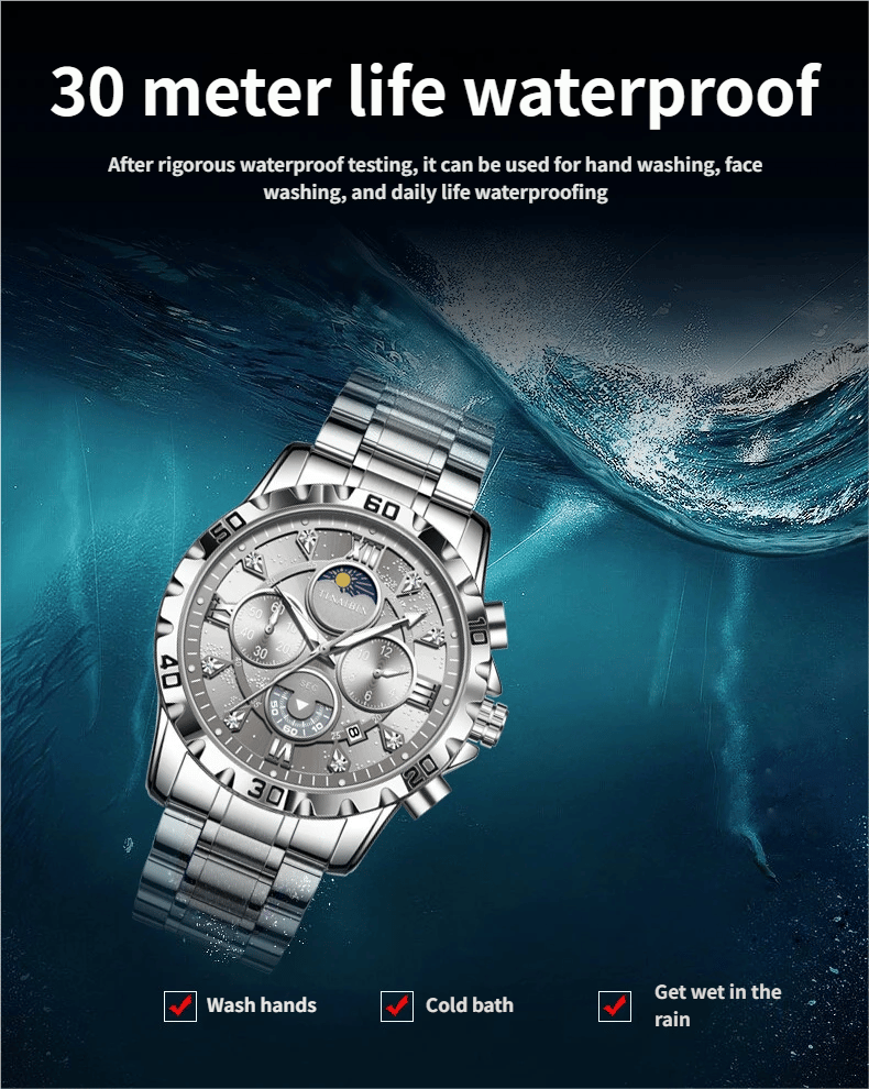 Luxury diamond-encrusted men's mechanical watch with Swiss-made movement, dual calendar, luminous and waterproof.