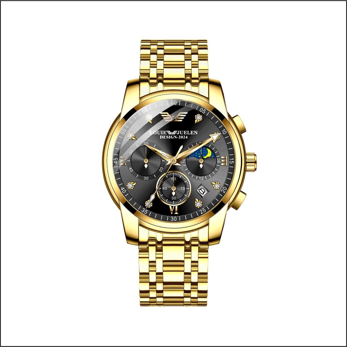 Men's luminous quartz watch with calendar, day, date, and moon phase display.
