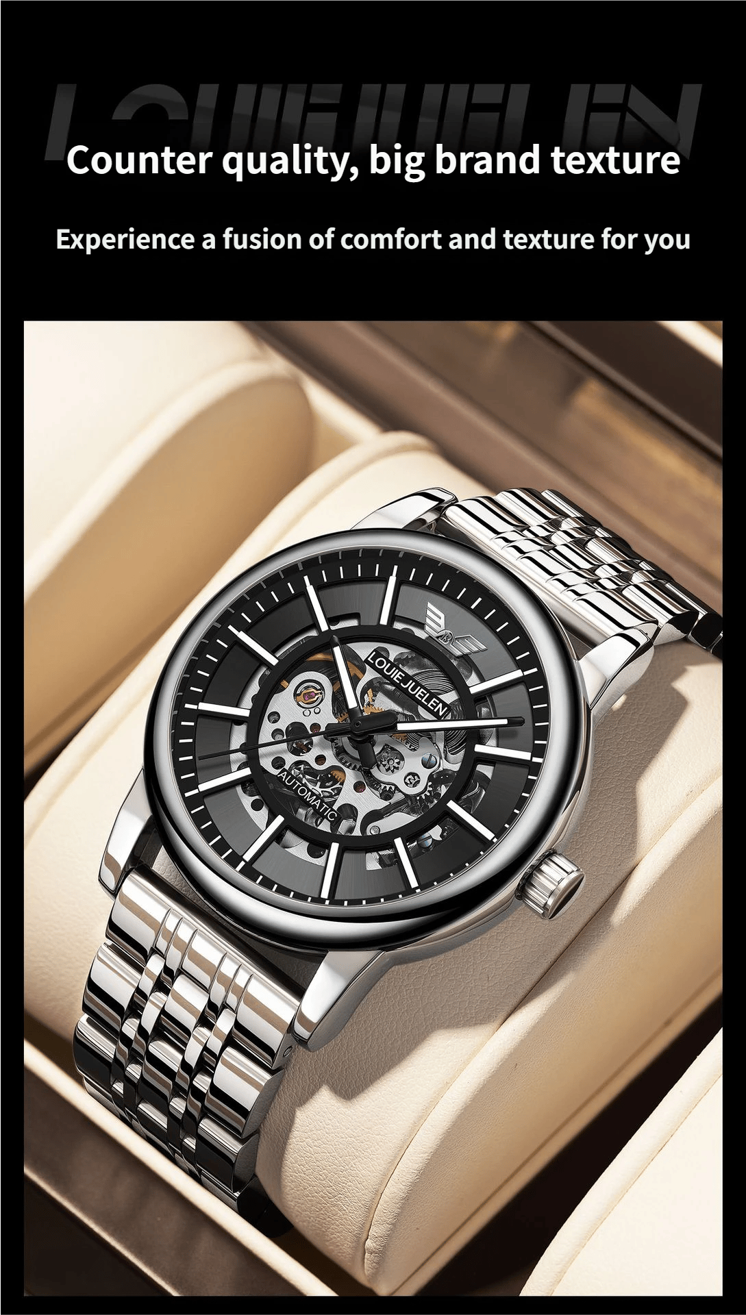 Men's Steel Strap Mechanical Watch with Skeletonised Movement and Luminescent Features