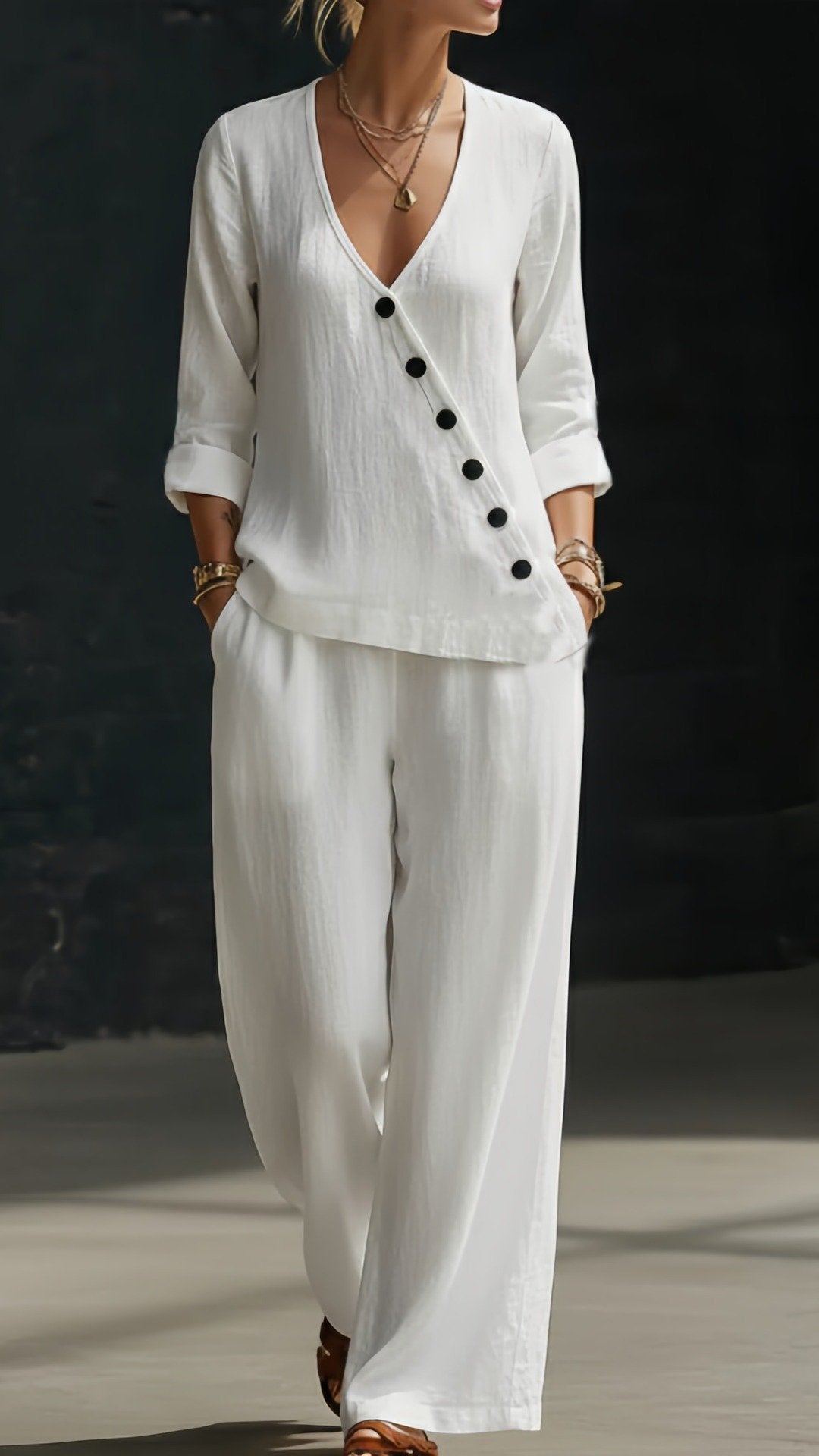 🌿 THE RELAXED LINEN SET: DEEP V TOP + WIDE LEG TROUSERS — YOUR NEW UNIFORM FOR EFFORTLESS DAYS 🌿