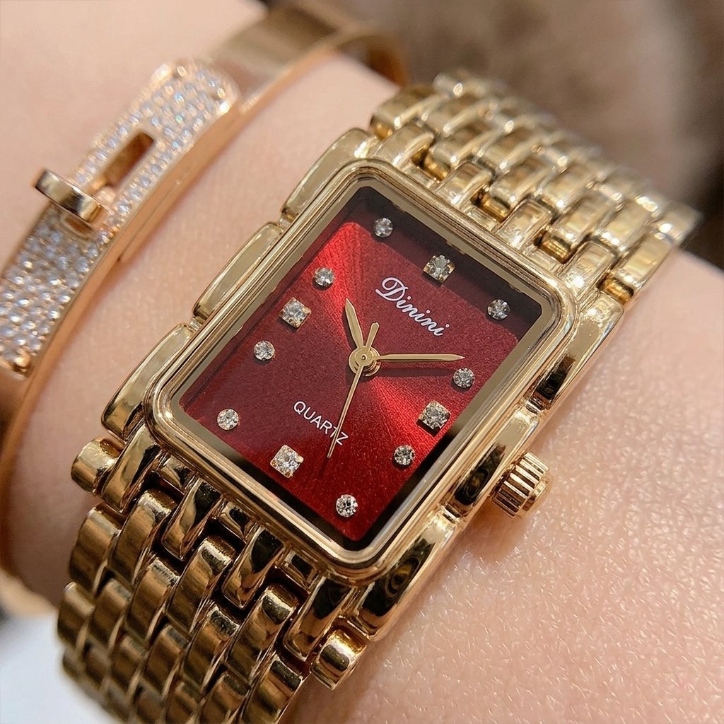Vintage-style rectangular chain-strap women's watch